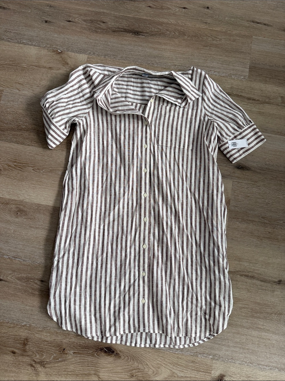 Old Navy Brown & White Striped Button-Front Shirt Dress